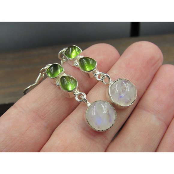 Sterling Silver Green Glass And Round Moonstone Earrings Vintage Wedding - Picture 2 of 7
